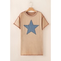 Pale Khaki Mineral Wash Stud Beaded Star Graphic Pocketed T Shirt Dress - S thumbnail