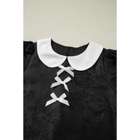 Black Floral Embossed Puff Sleeve Colorblock Bow Collared Mini Dress - L thumbnail