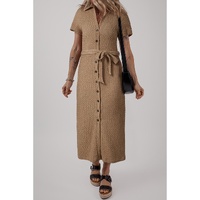 Buckskin Short Sleeve Textured Button Up Tie Waist Long Dress - L thumbnail