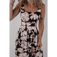 Black Floral Cutout Square Neck Knot Back Sleeveless Maxi Dress - L thumbnail