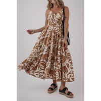 Khaki Floral Shirred High Waist Spaghetti Straps Maxi Dress - L thumbnail