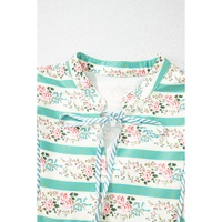 Multicolour Striped Floral Print Tie Split Neck Puff Sleeve Midi Dress - L thumbnail