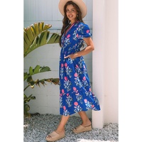 Sky Blue Floral Puff Short Sleeve V Neck High Waist Maxi Dress - L thumbnail