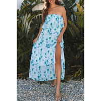 Green Floral Print Ruffled Side Slit Tube Top Maxi Dress - XL thumbnail