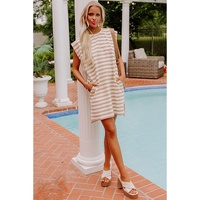 Khaki Stripe Round Neck Sleeveless Casual Pocketed Mini Dress - L thumbnail