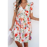Pink Floral Double Ruffle Sleeve V Neck High Waist Mini Dress - L thumbnail