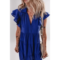 Bluing Ruffled Short Sleeve Collared V Neck Tiered Midi Dress - M thumbnail