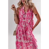 Rose Floral Sleeveless Tasseled Lace-up Neck Tiered Midi Dress - L thumbnail