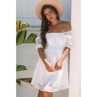 White Floral Lace Puff Sleeve Empire Waist Mini Dress - L thumbnail
