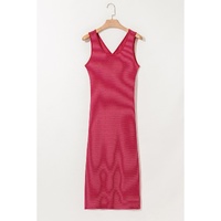 Red Stripe Criss Cross Side Slits Slim Fit Sleeveless Midi Dress - L thumbnail