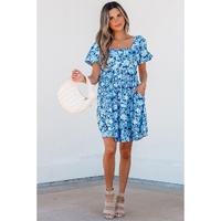 Blue Floral Puff Sleeve Babydoll Mini Dress - S thumbnail