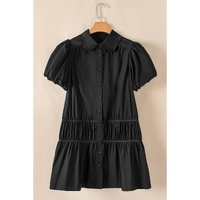 Black Shirt Style Button Down Puff Sleeve Ruffle Hem Dress - M thumbnail