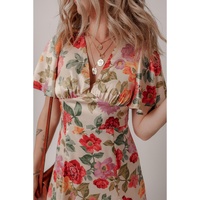 Multicolour Vintage Floral V Neck Short Sleeve Tie Back Long Slit Dress - S thumbnail