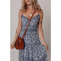 Blue Floral Spaghetti Strap Frilled V Neck Tiered Midi Dress - L thumbnail