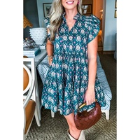 Blue Retro Floral Print Split Neck Ruffle Short Sleeve Dress - S thumbnail