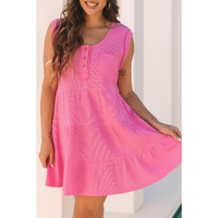 Bright Pink Waffle Textured Button Round Neck A-line Tiered Sleeveless Dress - L thumbnail