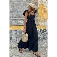 Black V Neck Flutter Sleeve Smocked Bodice High Waist Ruffle Maxi Dress - S thumbnail