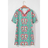 Mint Green Geometric Butterfly Print Split Neck Short Sleeve Dress - L thumbnail