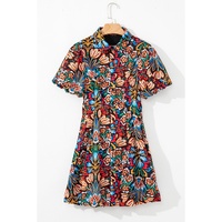 Multicolour Floral Puff Short Sleeve Shirt Mini Dress - M thumbnail
