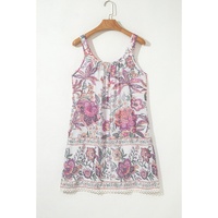 Multicolour Floral Print Fringed Tie U Neck Sleeveless Mini Dress - L thumbnail
