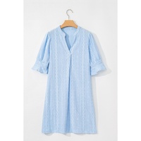 Beau Blue Jacquard Texture Flared Short Sleeve Notched Neck Mini Dress - M thumbnail