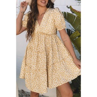 Yellow Floral Short Sleeve V Neck Frilly Tiered Mini Dress - L thumbnail