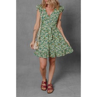 Green Flower Print Flutter Sleeve V Neck Sashed Ruffled Mini Dress - S thumbnail