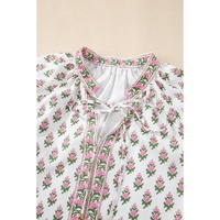 Pink Floral Print Bubble Sleeve Neck Tie Ruffled Dress - L thumbnail
