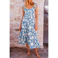 Sky Blue Floral U Neck Flutter Shoulder Tiered Flowy Midi Dress - S thumbnail