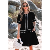 Black Contrast Scallop Trim Bow Detail Half Sleeve Shift Dress - S thumbnail