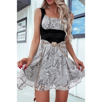 Black Sleeveless Leather Bustier Patchwork Paisley Floral Chiffon Dress - M thumbnail