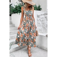Green Floral Print Trimmed V Neck Tie Waist Sleeveless Holiday Long Dress - M thumbnail