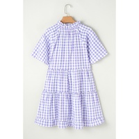 Lavendula Plaid Ruffle Wide Short Sleeve Babydoll Mini Dress - L thumbnail