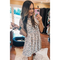 Beige Floral Puff Short Sleeve Empire Waist Mini Dress - L thumbnail