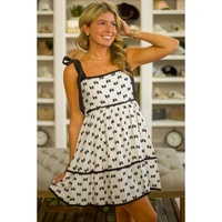 White Bow Knot Color Contrast Trim Knotted Shoulder Mini Dress - L thumbnail