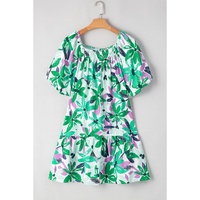 Green Floral Print Shirred Square Neck Loose Fit Mini Dress - L thumbnail