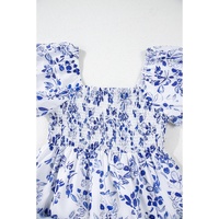 Sky Blue Floral Print Square Neck Bubble Sleeve High Waist Maxi Dress - XL thumbnail
