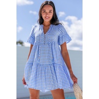 Sky Blue Gingham Short Sleeve Button Tie Split Neck Loose Mini Dress - L thumbnail