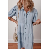 Beau Blue Shirt Collar Button Up Short Puff Sleeve Tiered Shift Dress - L thumbnail
