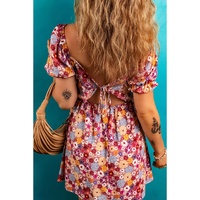 Red Floral Puff Sleeve Square Neck Knot Open Back Mini Dress - L thumbnail