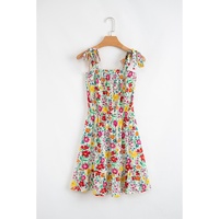 Red Floral Knotted Straps Cinched Waist Ruffle Hem Mini Dress - L thumbnail