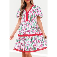 Pink Floral Print Contrast Trim V Neck Bubble Short Sleeve Babydoll Dress - L thumbnail