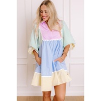 Multicolour Striped Patchwork Ric Rac Puff Sleeve Collared Mini Dress - L thumbnail