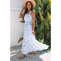Sky Blue Floral Smocked Tied Straps A-Lined Tiered Maxi Dress - L thumbnail
