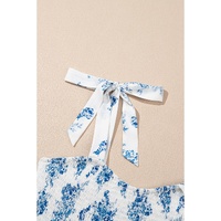 Sky Blue Floral Print Shirred Knot Shoulder Sleeveless Long Dress - S thumbnail