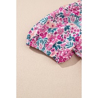 Pink Floral Collared Half Placket Short Sleeve Loose Dress - L thumbnail