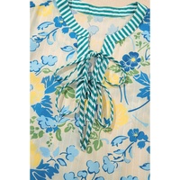 Blue Floral Striped Trim Puff Short Sleeve Dress - L thumbnail