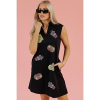 Black Sequin Patched V Neck Collared Mini Dress - S thumbnail
