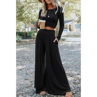Black Solid Color Ribbed Crop Top Long Pants Set - XL thumbnail