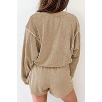 Azura Exchange Khaki Piping Trim Long Sleeve Terry Shorts Set - L thumbnail